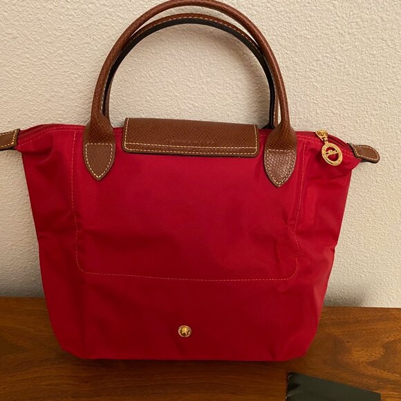 Authentic Longchamp Le Pliage Bag Small Leather Trim Top Handle Berry Color NEW - Picture 4 of 7